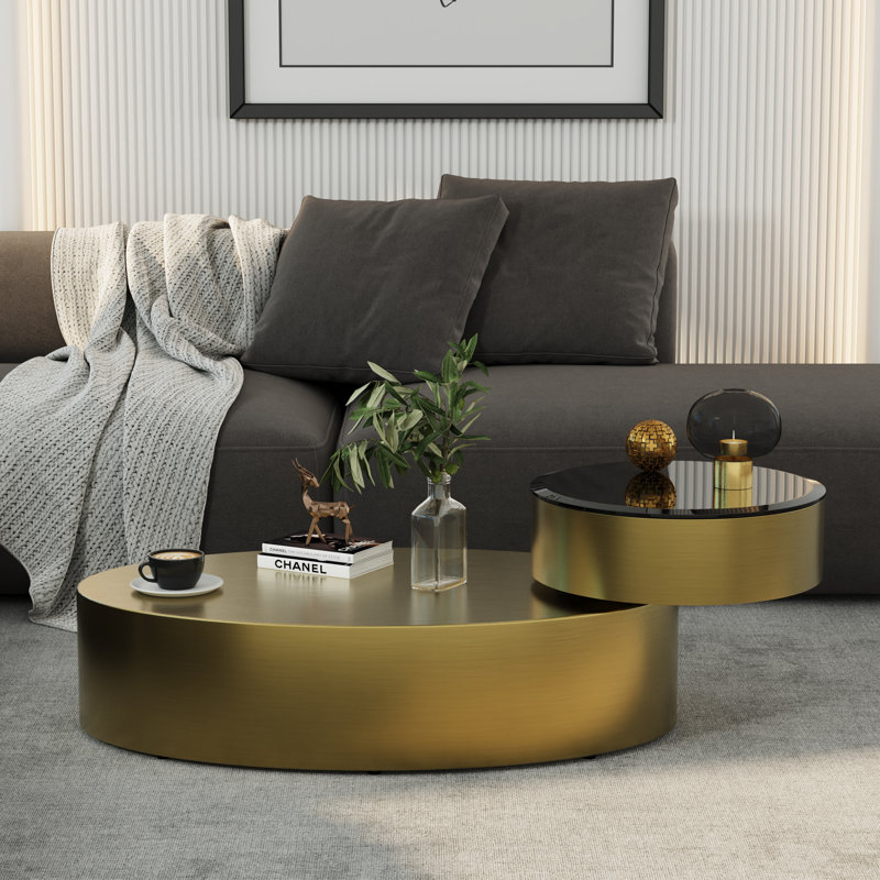 Table basse gigogne extensible moderne, table de salon ovale avec plateau tournant, Or/noir
