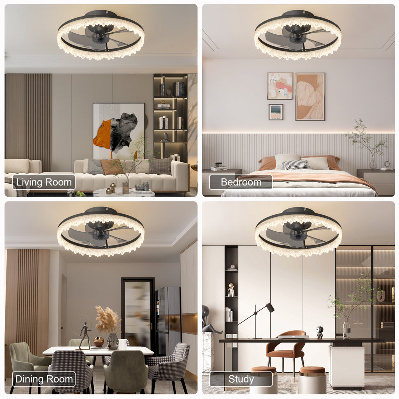 Modern Black Crystal Ceiling Fan with Light and Remote, Adjustable Color Temperature, 14.17" Wide