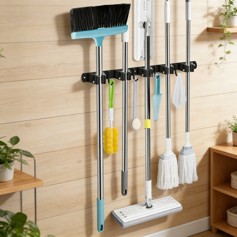 Support mural pour vadrouille et balai avec 5 supports et 4 crochets - Organisateur robuste en acier inoxydable