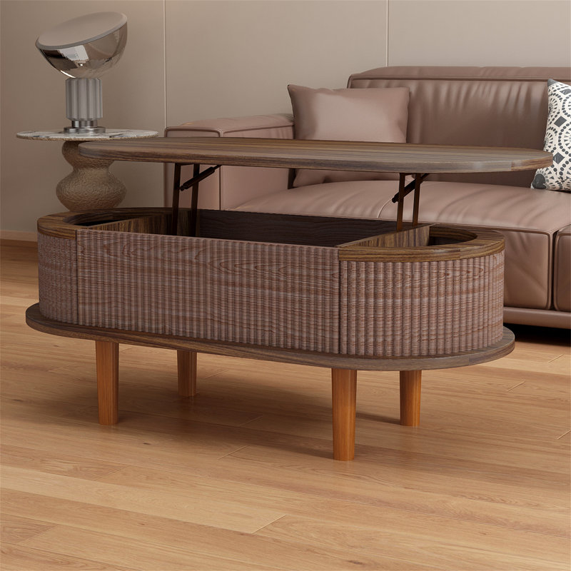 Table basse à plateau relevable cannelé avec compartiment caché, Noyer