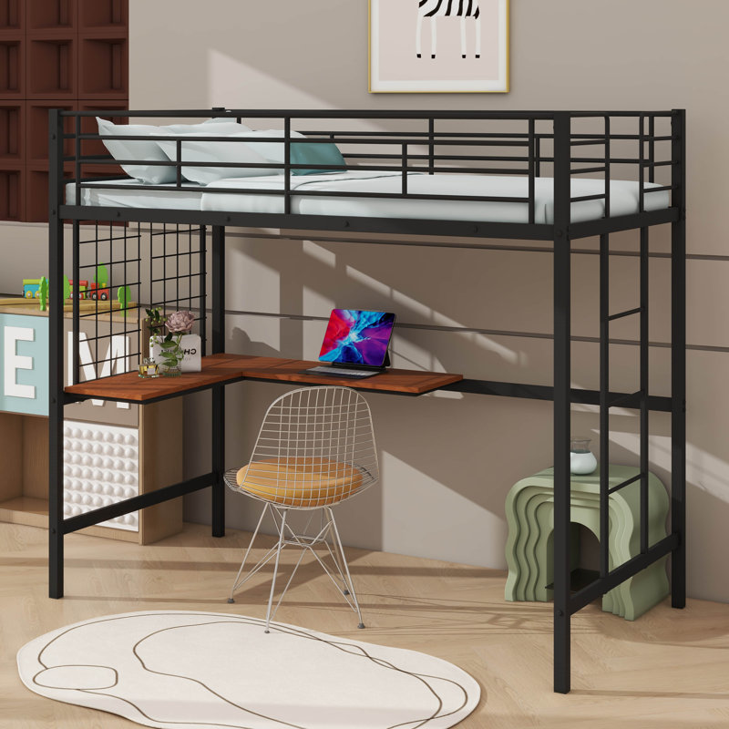 Lit mezzanine simple en métal avec bureau intégré et structure en grille métallique, y compris une échelle, Noir