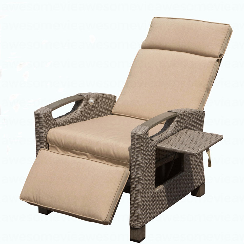 Outdoor Recliner Chair, Patio Recliner With Hand-Woven Wicker, Flip Table Push Back, Adjustable Angle, Thickness Cushions, Reclining Lounge Chair