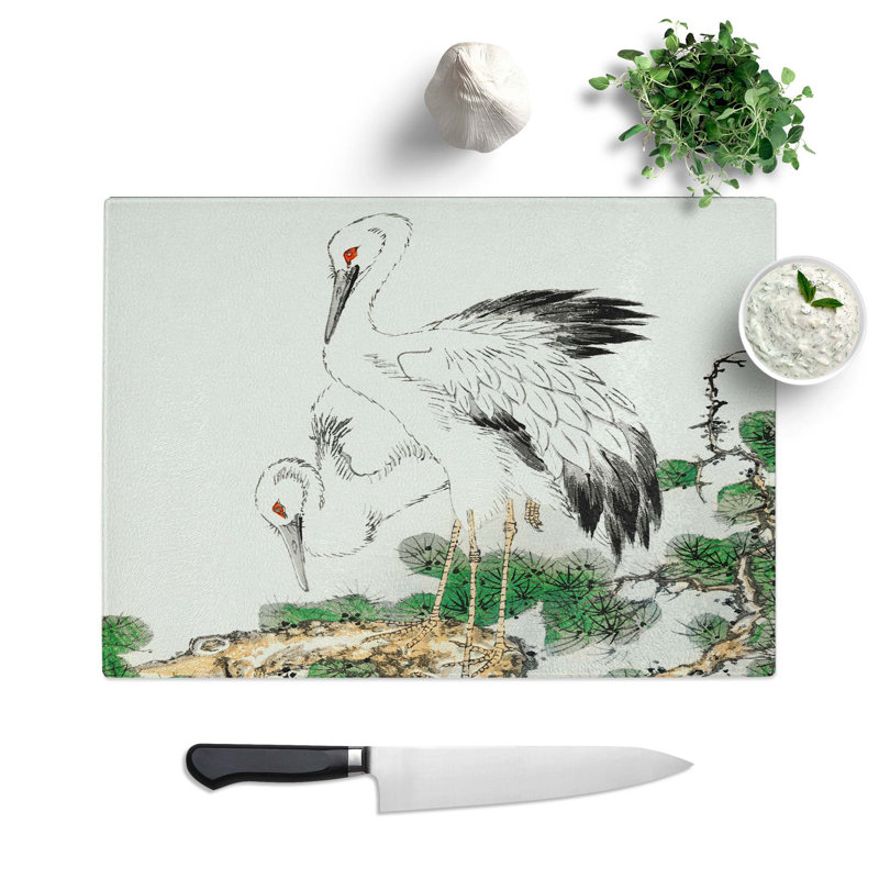 Tempered Glass Two Japanese Storks by Numata Kashu Chopping Board, 39 cm W x 28.5 cm L