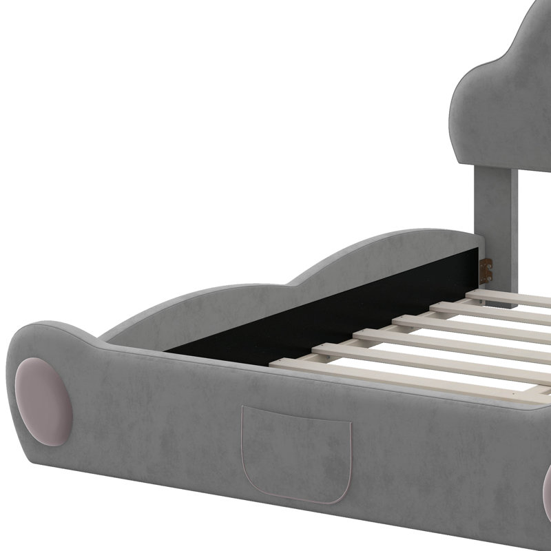 Grand lit plateforme tapissier à tête de lit avec poche, Gris