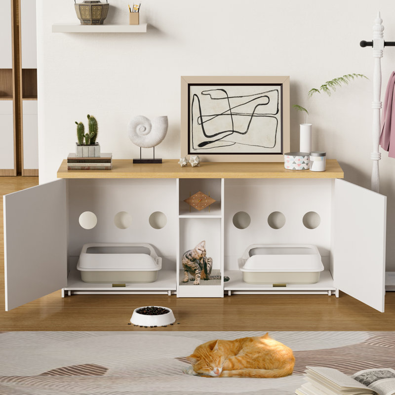 Enceinte de litière pour 2 chats, Blanc / Naturel