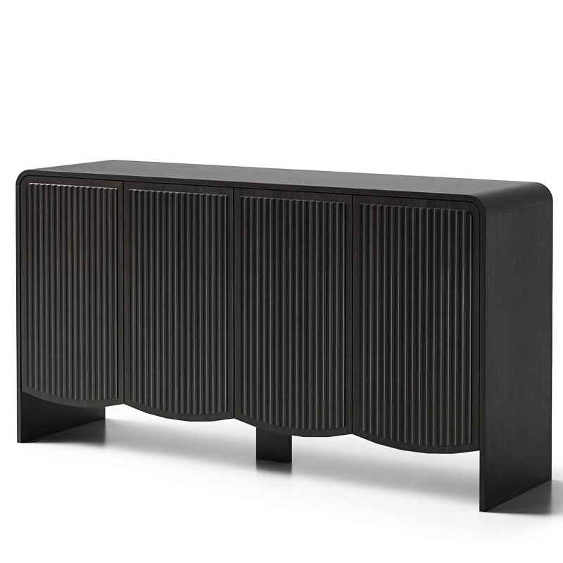 58" 4-Door Buffet Sideboard with Adjustable Shelves, Stripe Pattern, Wavy Lower Edge, for Kitchen, Living Room, Dining Room Storage