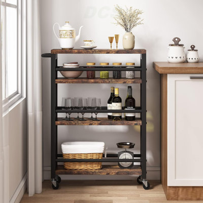 20" Slim 4-Tier Rolling Utility Cart With Wheels, Narrow Kitchen Storage Trolley For Small Spaces, Wood And Metal Spice Rack Organizer, Mobile Shelving Unit For Pantry, Bathroom – Brown & Black