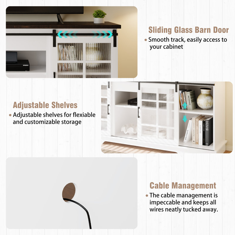 Multipurpose Sliding Door TV Cabinet Large Storage Cabinet with Glass Doors, White, No
