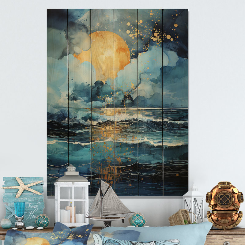 Bleu sarcelle, océan jaune, sérénade pastorale IV - impression sans cadre sur bois, H 40 po x l 30 po x P 0,78 po