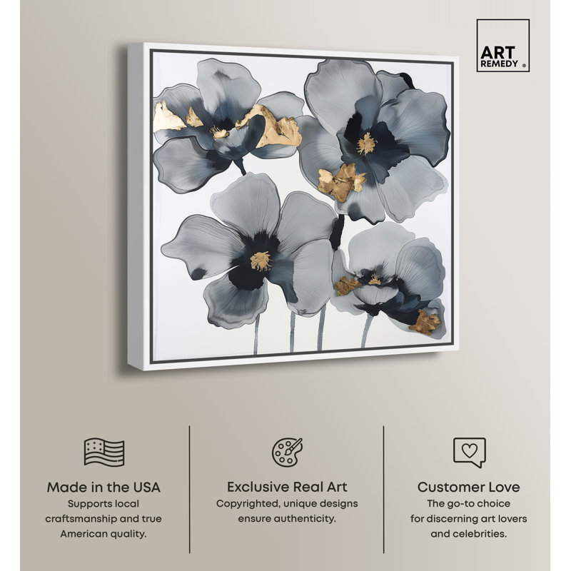 Art Remedy Drama Flora Gray and Gold Canvas Wall Art, 31" x 31"
