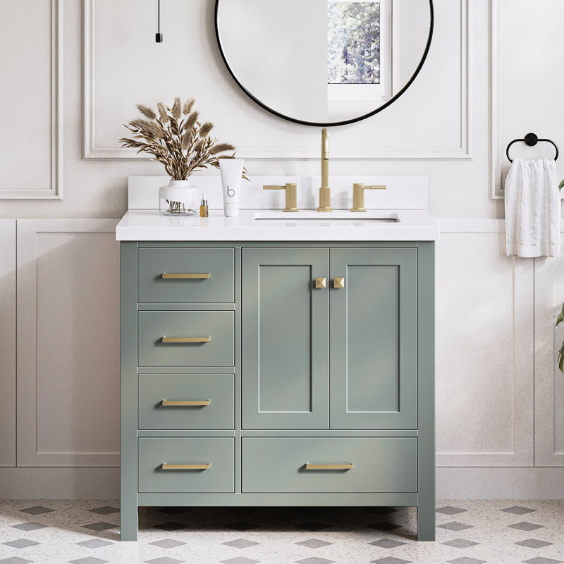 Cambridge 37'' W Single Vanity, Pure White Quartz, Satin Brass, Vintage Green