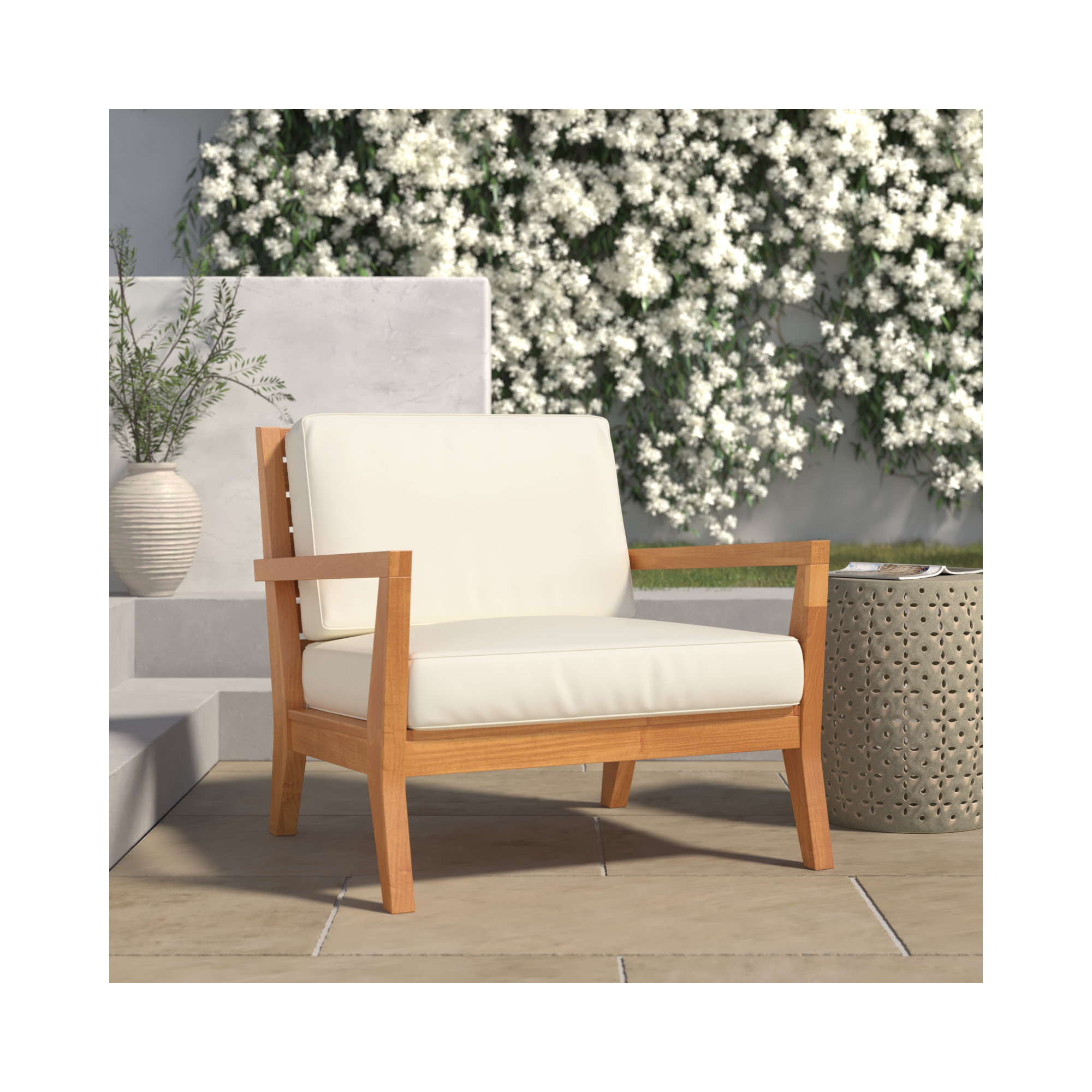 Carenen Outdoor Solid Teak Wood Wide Armchair with Cushions