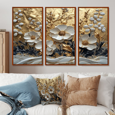 Fleurs blanches et dorées «Wildflowers» - art mural fleurs sauvages - ensemble de 3