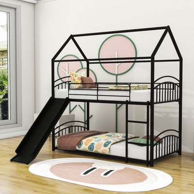 Antwaun Kids Twin Over Twin Metal House Bunk Bed With Slide