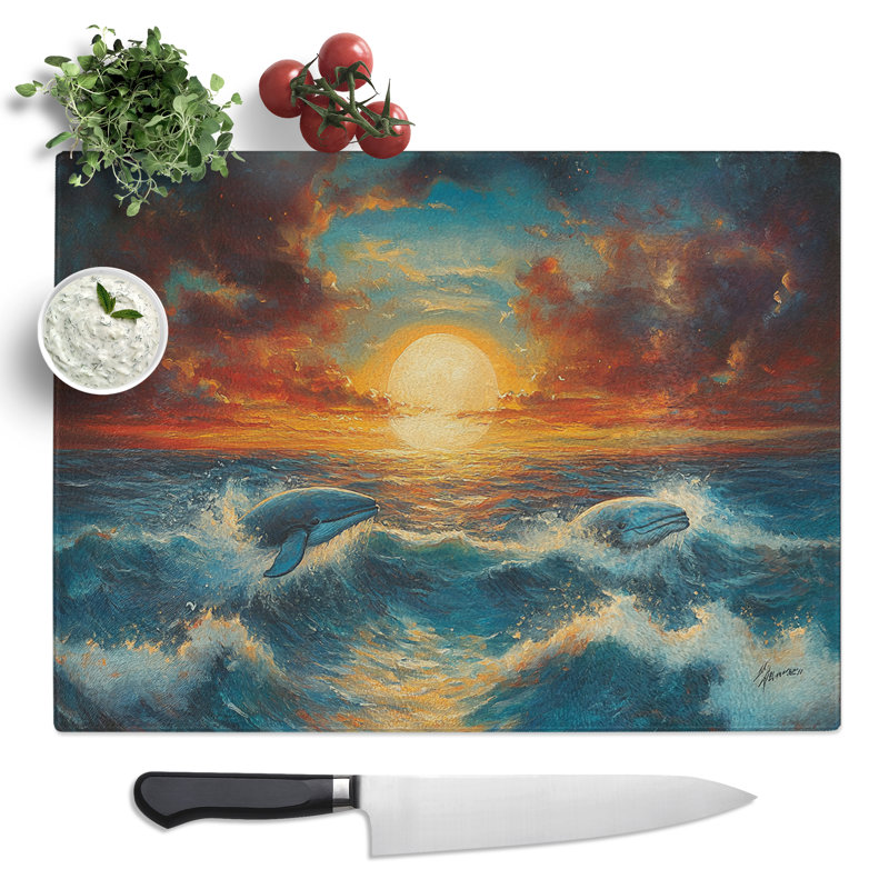 Ocean Whales at Sunset  Glass Chopping Board