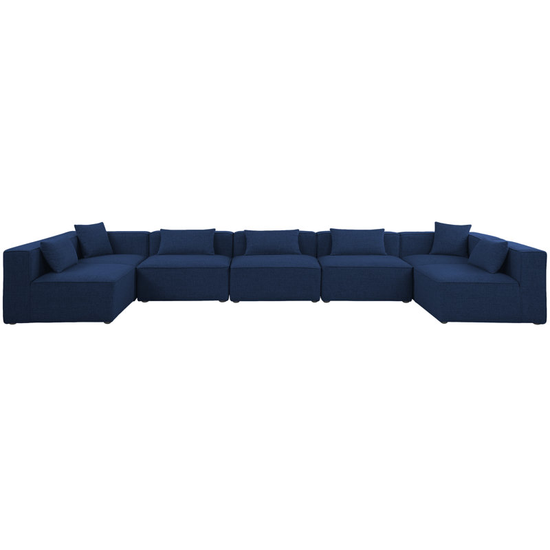 Narmeen Upholstered U-Shaped Sectional Reversible, Navy Linen Textured Fabric