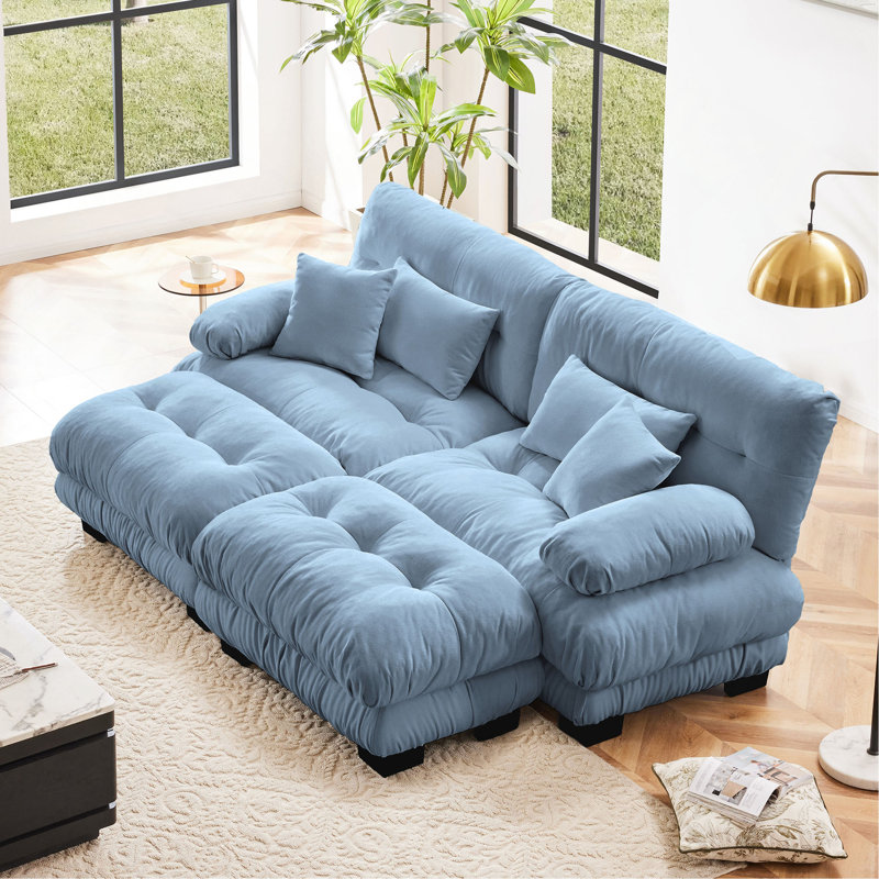 Canapé-lit Cloud Couch pour le salon, canapé 2 places en chenille avec 2 coussins lombaires et 2 coussins décoratifs, canapé rembourré à accoudoirs larges avec 2 repose-pieds, bleu chenille