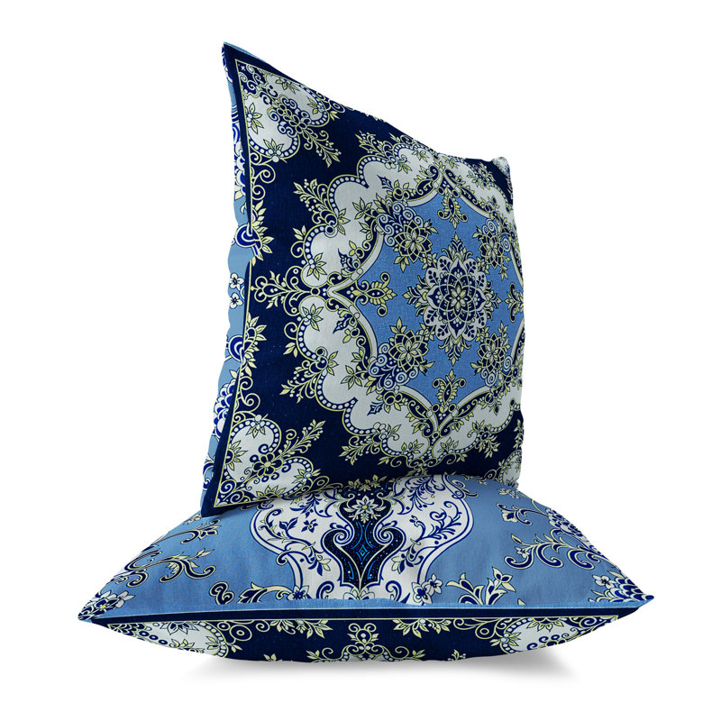 Coussin décoratif floral intérieur / extérieur Floral Arabesque, H 20 po x l 20 po, Bleu/jaune