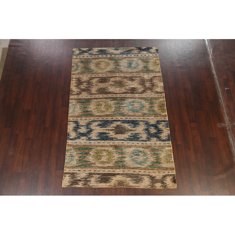 Tapis oriental rayé à motif abstrait noué à la main 5 x 8