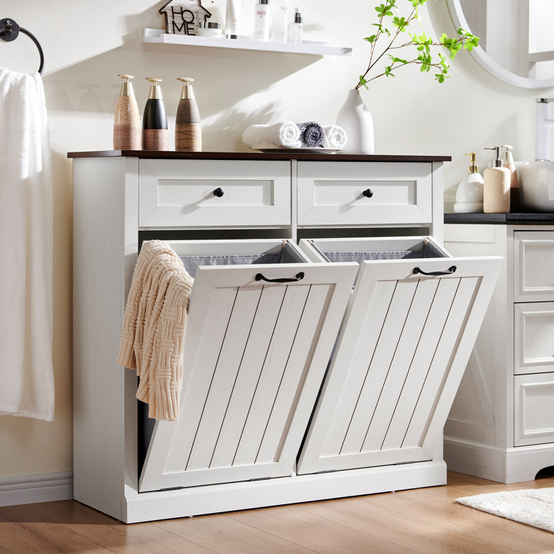 Ahart Tilt-out Dual Laundry Hamper Cabinet with Farmhouse Laundry Storage Basket for Bathroom., White
