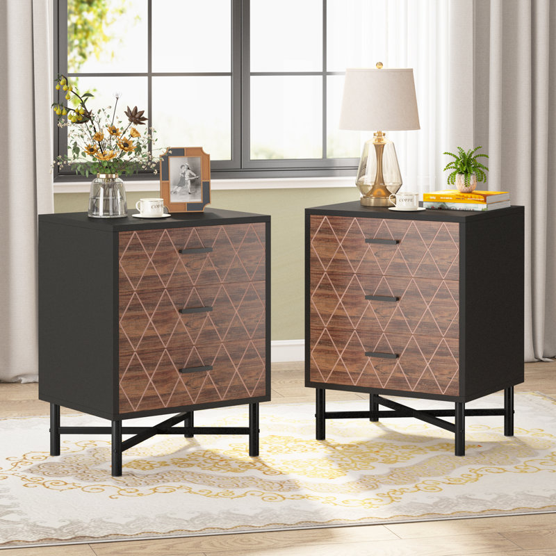 50cm W Metal Bedside Table, Black/Brown, Black