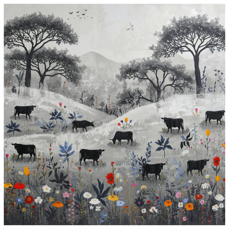 Cows in Black White Landscape - Coussins décoratifs double face, 14 X 14 pouces