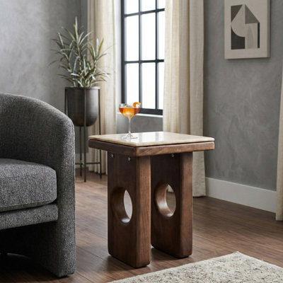 Modern Square Travertine Top Accent Side Table With Mango Wood Base For Living Room Decor - Sculptural Narrow End Table For Sofa Or Bedroom - 21", Tan & Brown