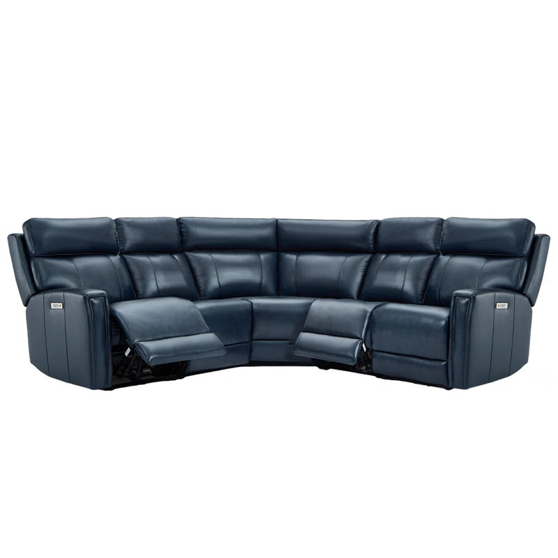 5-Piece, 3 Power recliners Leather Reclining Sectional, Power headrest, Blue Genuine Leather, Power-Push Button