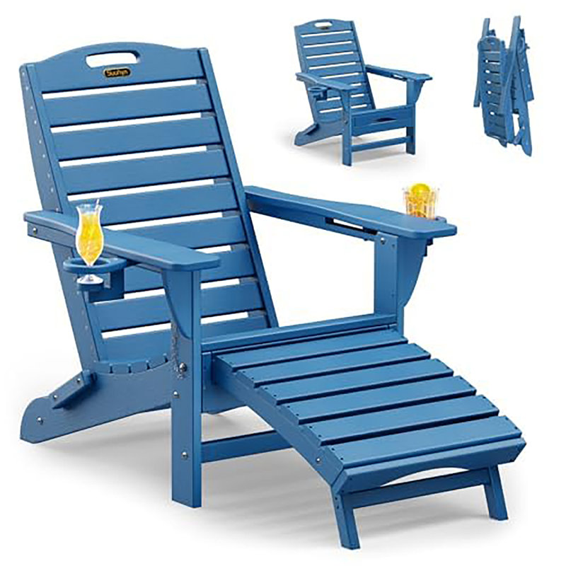 Folding Adirondack Chair with Retractable Footrest, Patio Chair with 2 Cup Holders, Navy Blue