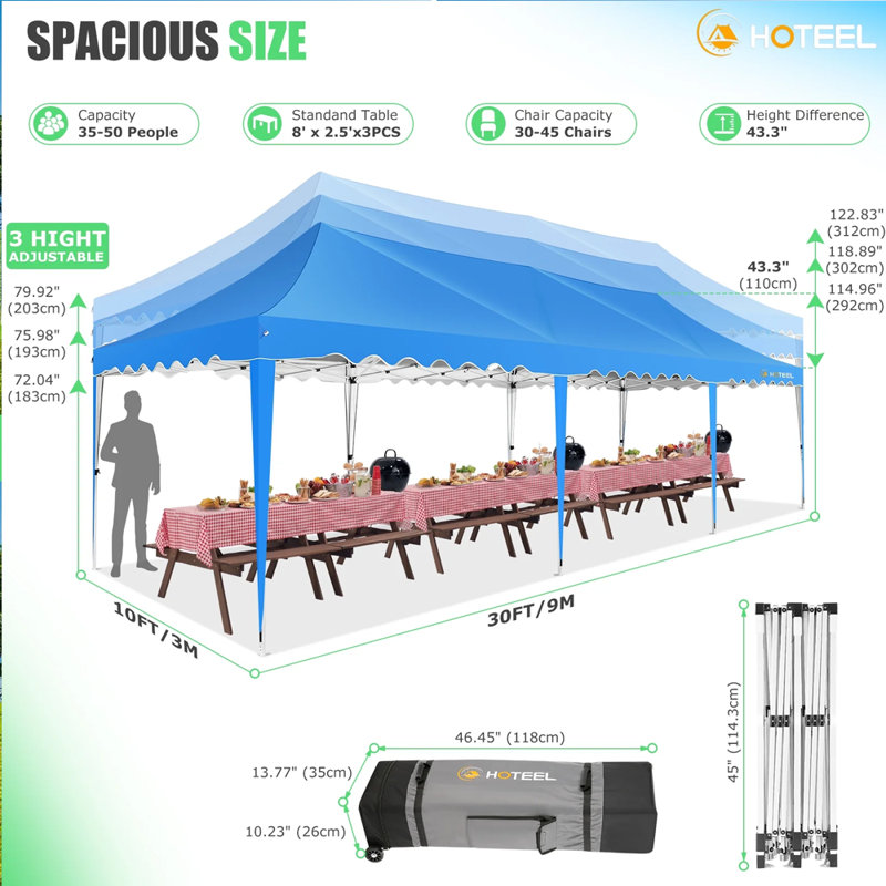 Auvent 10 x 30 pi avec 8 parois latérales, tente de fête portable imperméable, noir, Bleu