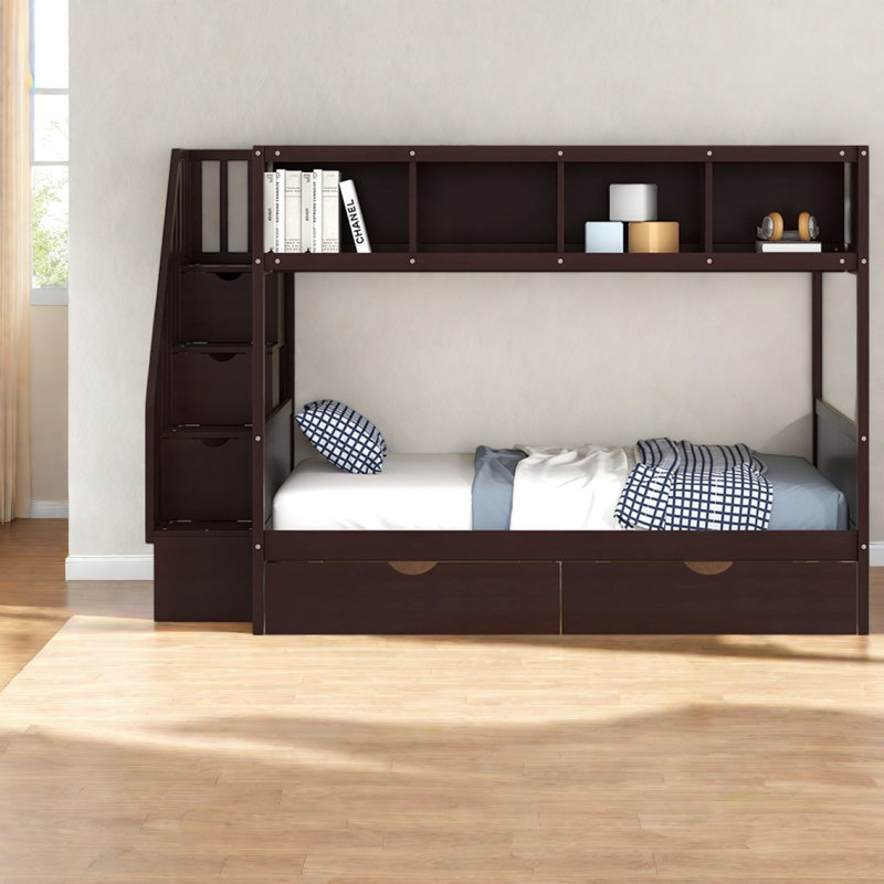 Lits de rangement simples avec lit superposé en bois double, chambre familiale moderne peu encombrante