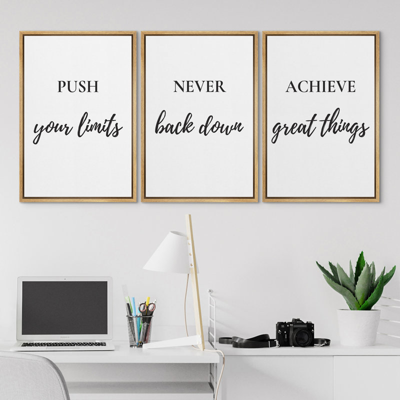 Push Never Achieve Great Things Wall Art Decor Framed On Canvas 3 Pieces Print, Natural, 36" H x 24" W