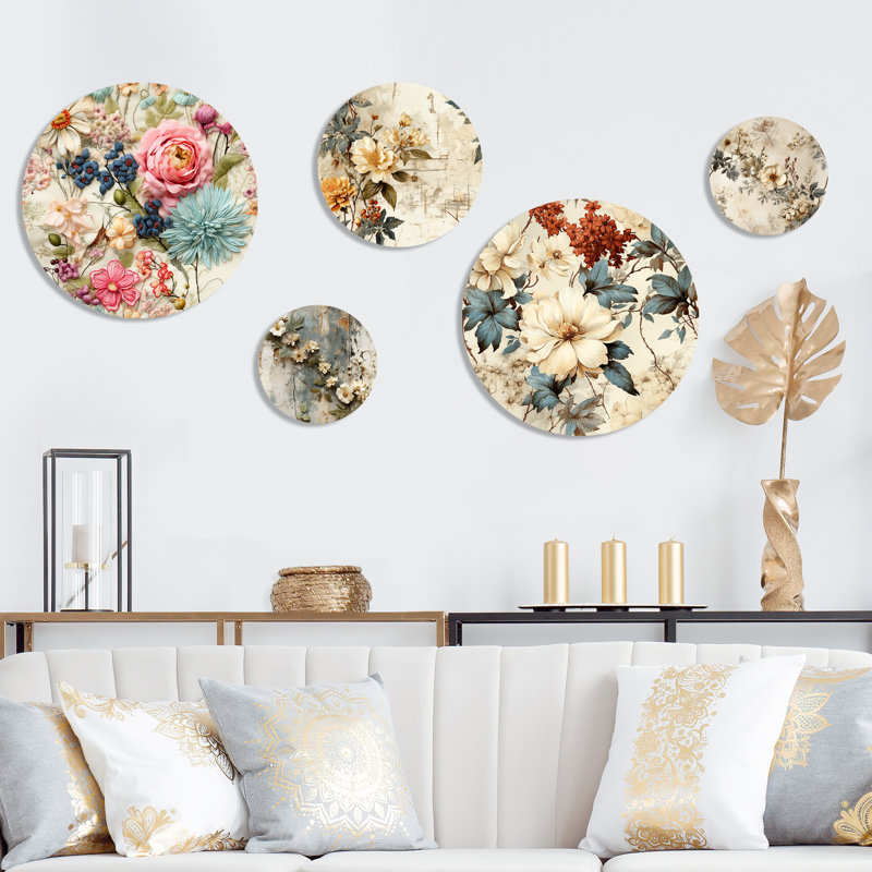 «Vintage Patchwork Floral Flightiness» - ensemble d'art mural rond rétro de 5 pièces