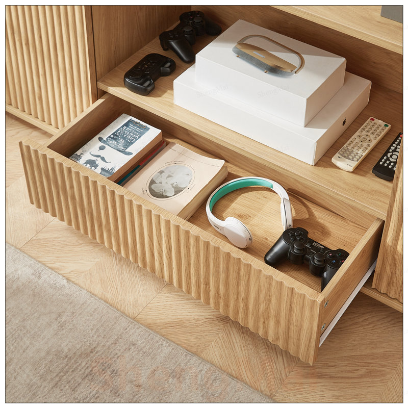 Meuble télé 64 pouces, buffet arrondi avec rangement, armoire à rayures verticales en bois pour une utilisation polyvalente dans le salon / la chambre à coucher / le vestibule