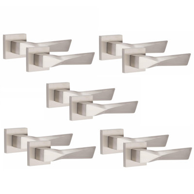 5 Pairs Modern Aura Premium Design Door Handles on Square Rose in Satin Nickel Finish with 3" Ball Bearing Hinges and 2.5" Tubular Latch