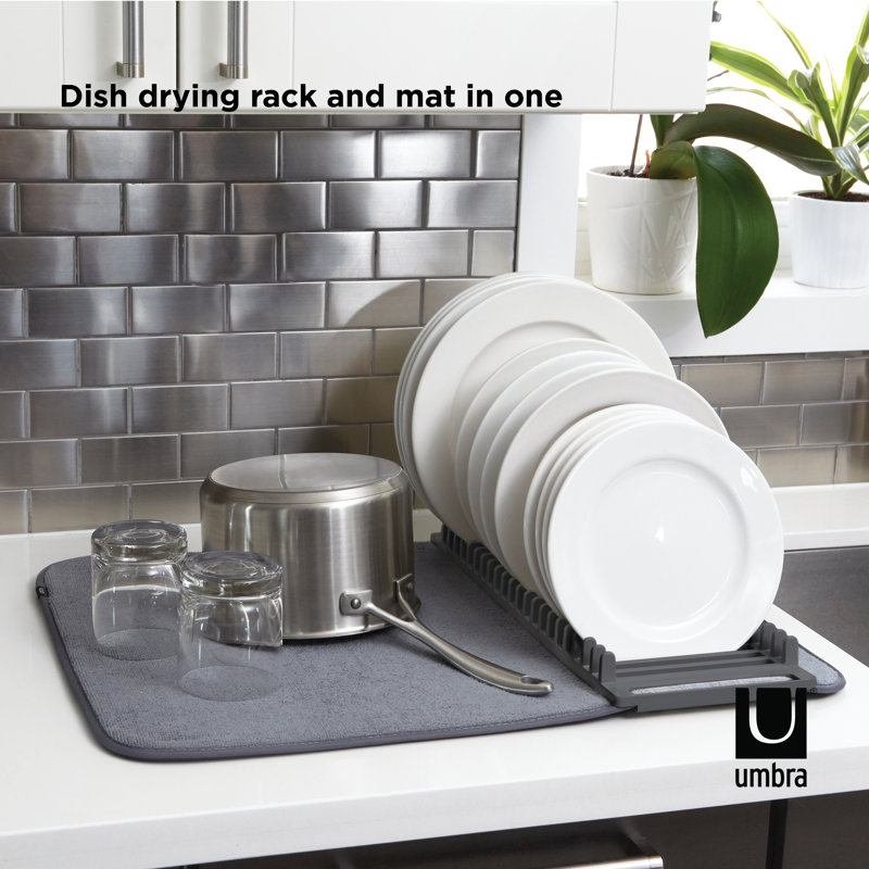 Charcoal Foldable Plastic Dish Drying Rack with Mat