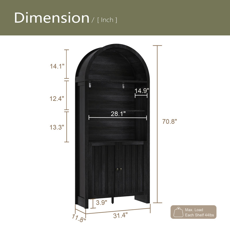 Bibliothèque 71 po de hauteur avec dessus arqué et armoire de rangement, Noir