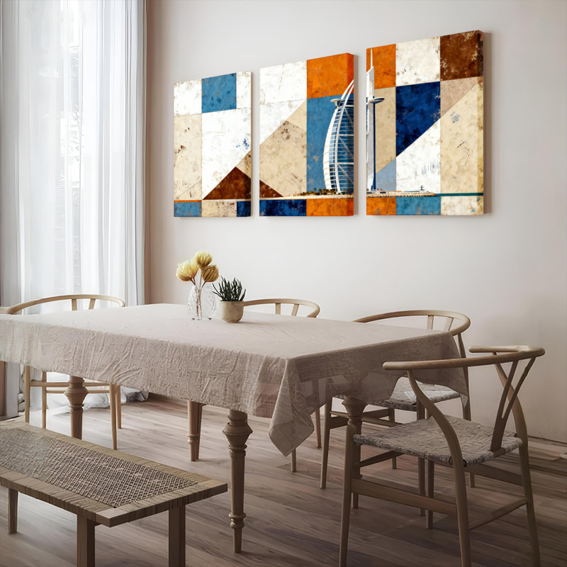 Abstract Geometric Cityscape Canvas Wrapped Wall Art, Oil Painting Print (Set of 3), 18" H x 36" W