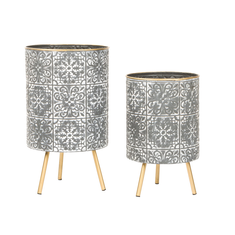 Ensemble de pot de fleurs d'intérieur moderne en métal Bantu, Gris / blanc