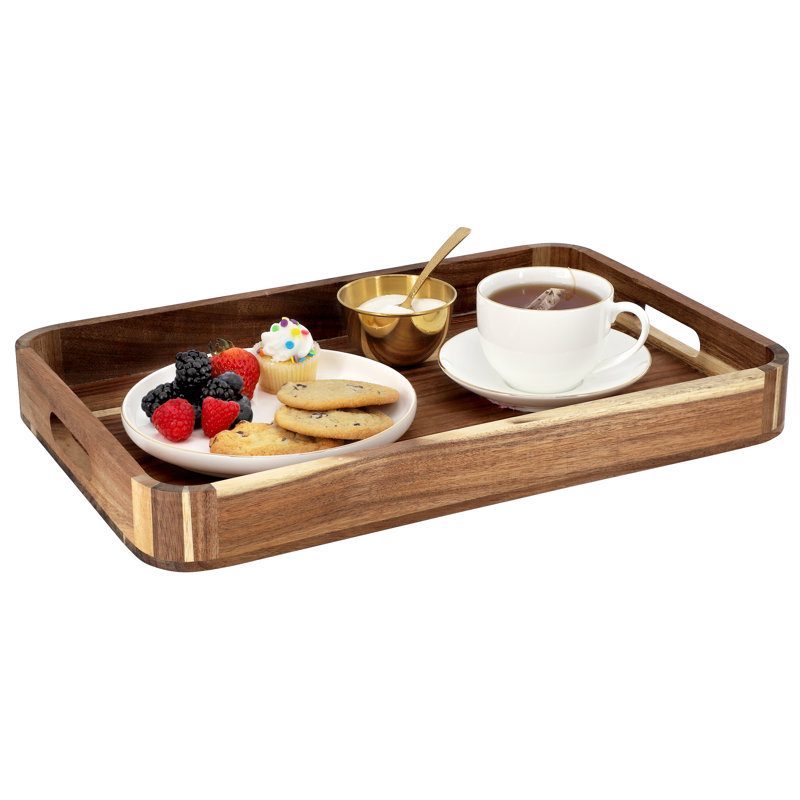  Plateau de service rectangulaire en bois d'acacia 17,75 x 12 pouces