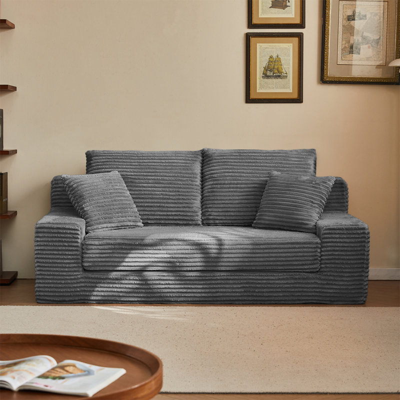 Canapé-lit 71 po à rayures en flanelle 71 po, canapé-lit coulissant fonctionnel 2-en-1 avec coussins décoratifs, canapé futon à compression pour petits espaces, bureau, chambre à coucher