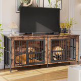  79" Dog Crate Furniture For 2 Dogs, Large Dog Kennel With 360° Rotating Feeder Bowls, Indoor Double Dogs Crates With 4 Doors, Wooden Crate Tv Stand With Removable Divider