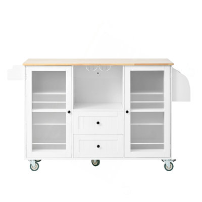 Mobile Kitchen Island Storage Trolley Cart On Wheels With Dropleaf Top, Towel/Spice Rack,2 Drawers, 2-Door Cabinet, White