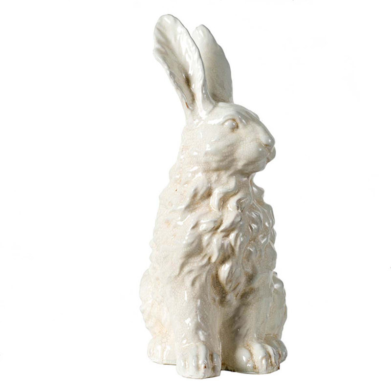 Figurine de lapin en céramique blanche 18 po avec texture bouclée et glacis craquelé, sculpture décorative de lapin Angora pour manteau de cheminée, table ou bibliothèque