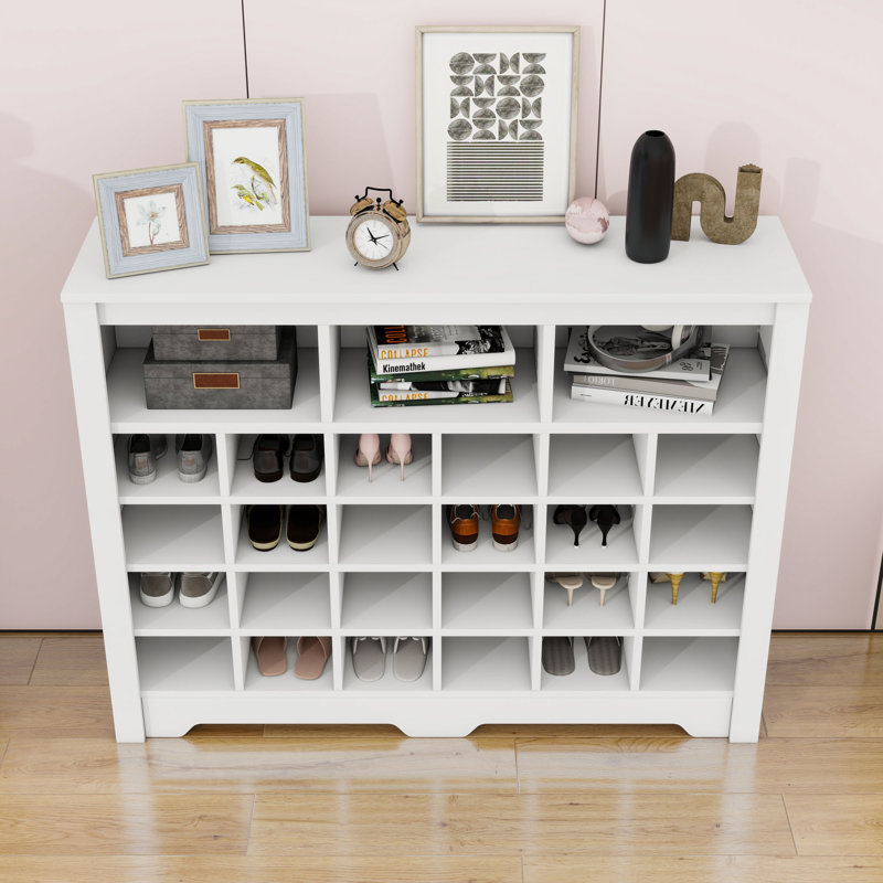 Sleek Design 24 Shoe Cubby Console, Modern Shoe Cabinet With Curved Base, White