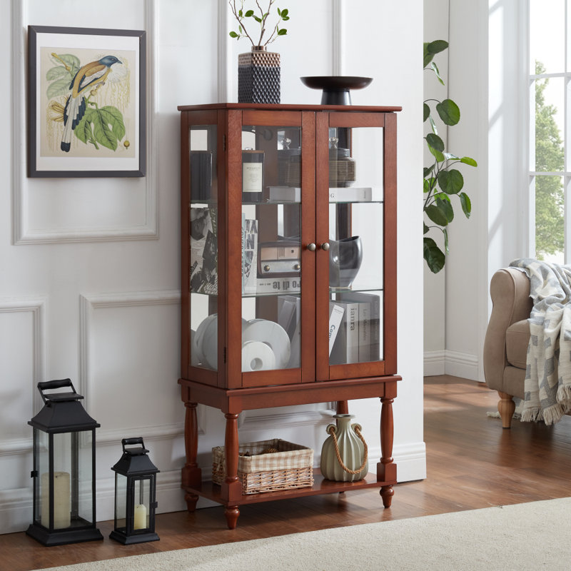 Curio Cabinet Lighted Curio Display Cabinet With Open Storage Space,Solid Wood Legs And Adjustable Shelves, Acrylic Mirrored Back Panel, Tempered Glass Doors,3 Tier And One Open Space(E26 Light Bulb N