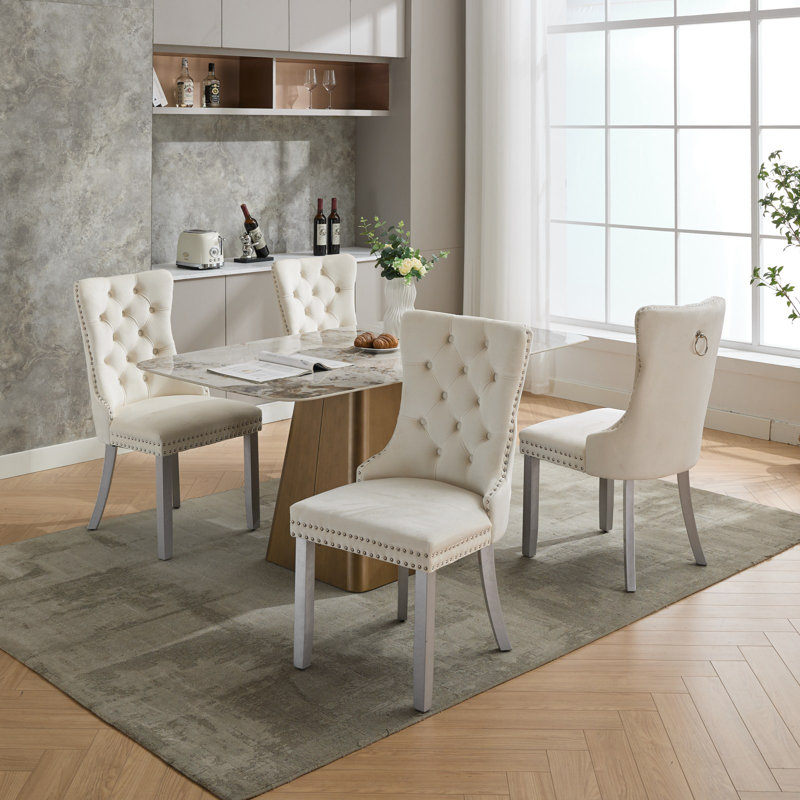 Seita Modern Velvet Wingback Tufted Solid Wood Upholstered Dining Chairs, Silver, Beige, 4