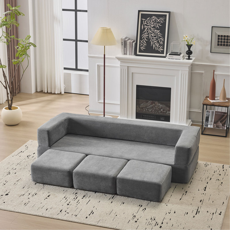 Convertible Sectional Sofa With 3 Storage Ottomans - High-Resilience Foam Sleeper, Space-Saving Chenille Floor Sofa For Studio Apartments & Home Offices. Grey