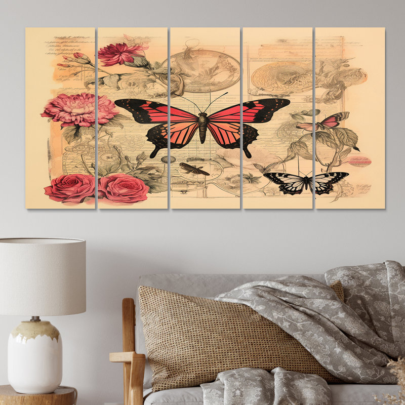 Illustration rétro d'un papillon rose romantique - reproduction sur toile d'animaux - 5 panneaux égaux