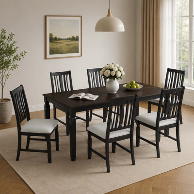 7‑Seater Extendable Farmhouse Dining Table Set for 6, Oak Veneer Dining Table and 6 Upholstered Chairs, Rubberwood Leg Support, Space‑Saving Furniture